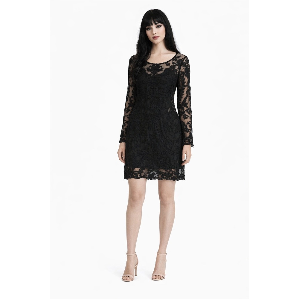 Elodie Black Sheer Floral Lace Mesh Long Sleeve Mini Dress XS